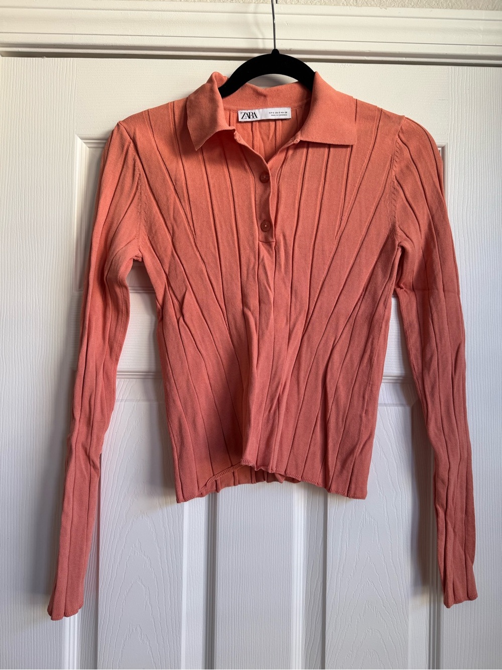 Zara Coral-Rose Ribbed Long-Sleeve Polo Top